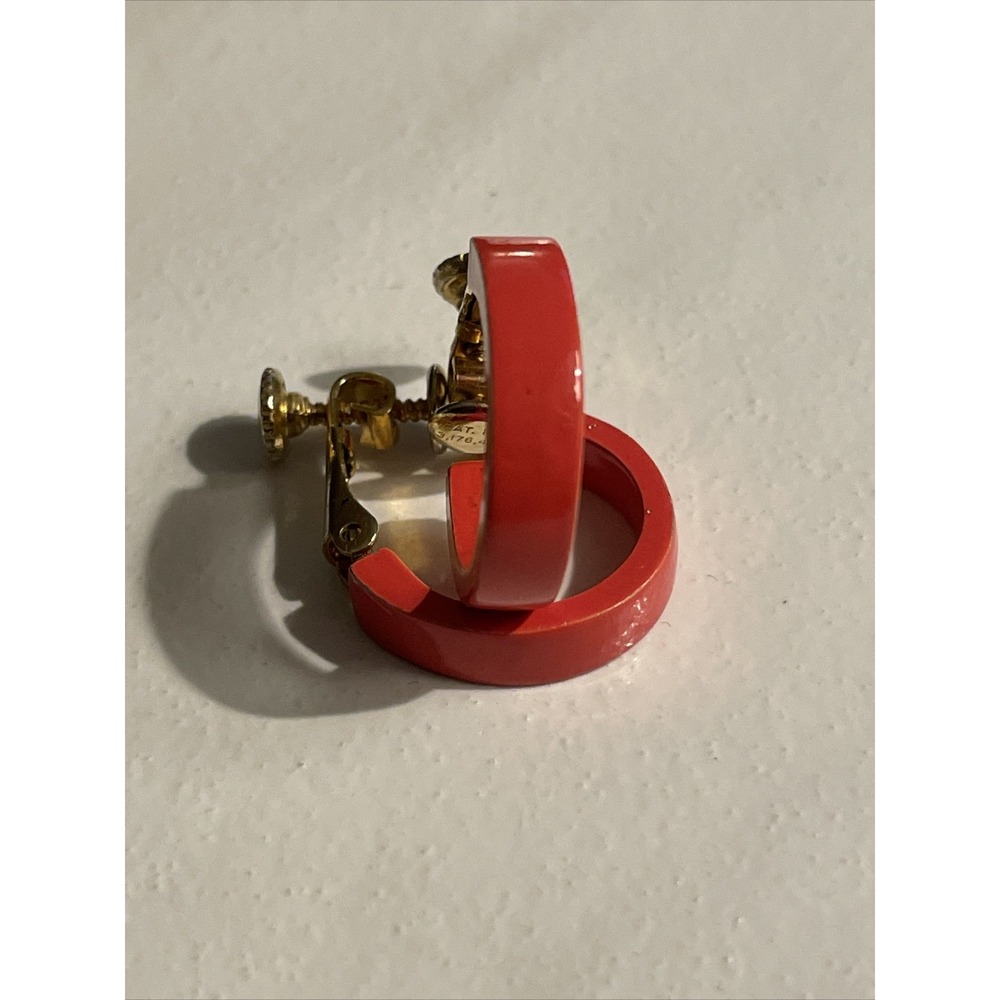 Vintage Orange Red Metal Gold Tone Hoop Earrings Pat‎ # Screw Back Clip On Retro